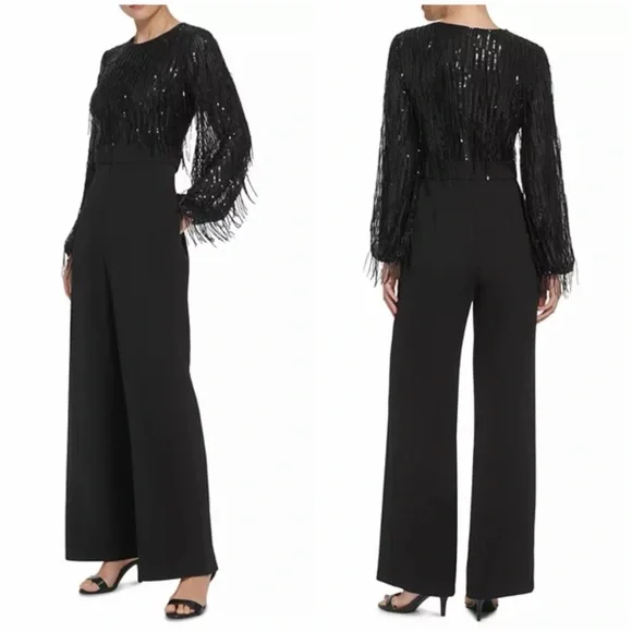 Eliza J Sequin Fringe Long Sleeve Jumpsuit Black 8 Evening Black Tie - Picture 1 of 14